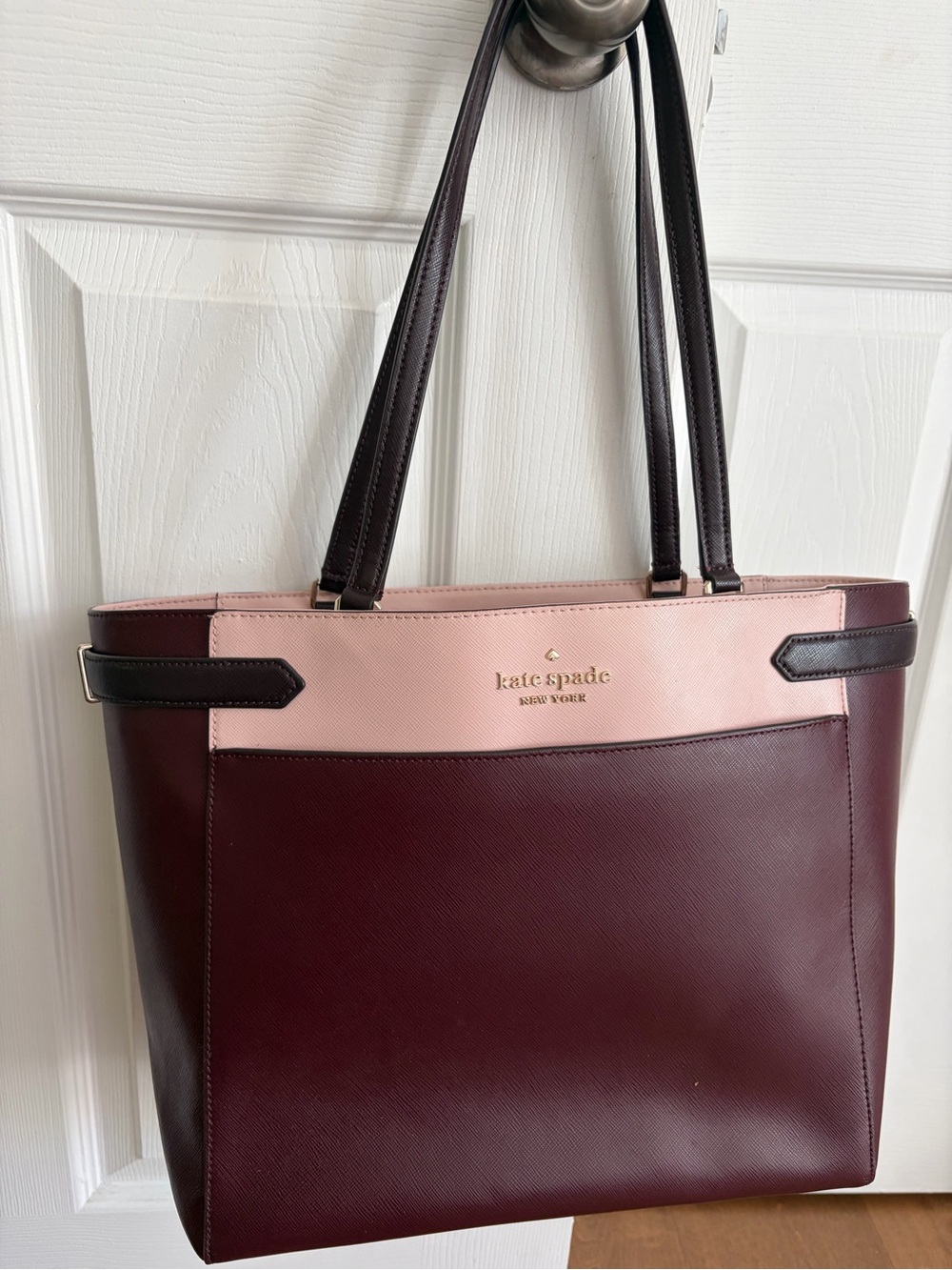 kate spade Burgundy and Pale Pink Leather Tote with Dark Brown Handles